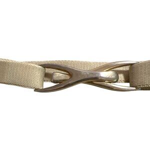 Vintage Double Wishbone Buckle Gold Tone Interlocking Clasp Beige Elastic Belt